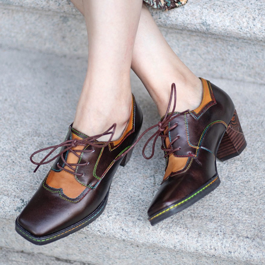 Womens Leather Embossed Low Heel Oxford Shoes