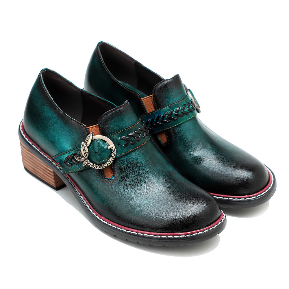 Women's Leather Vintage Metal Buckle Square Heel Loafers