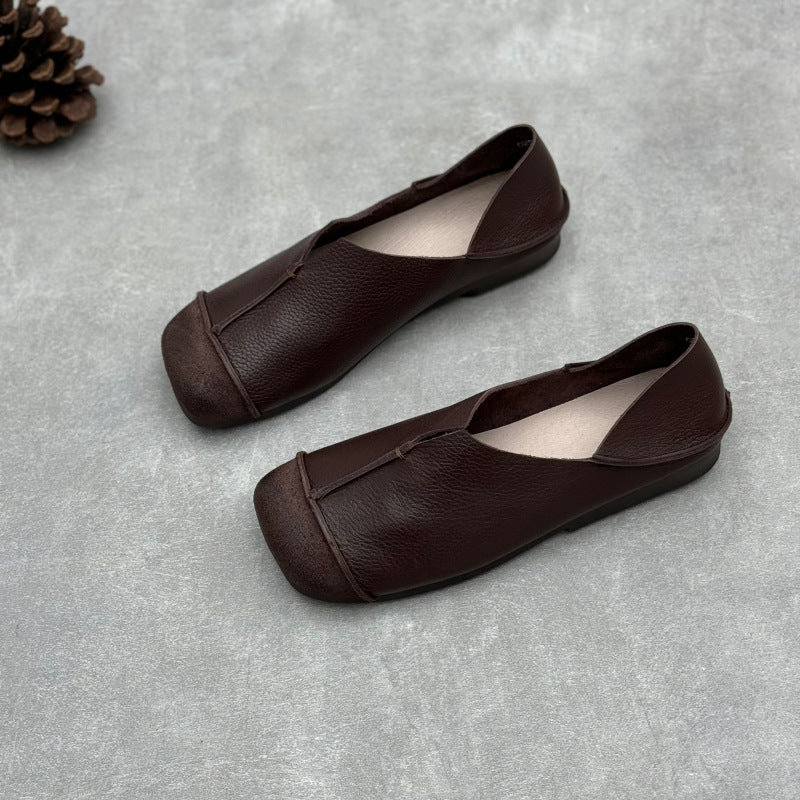 Women's Handmade Cowhide Flat Retro Square Toe Literary Casual Shoes