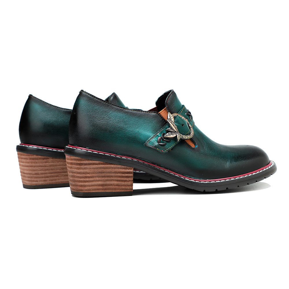 Women's Leather Vintage Metal Buckle Square Heel Loafers