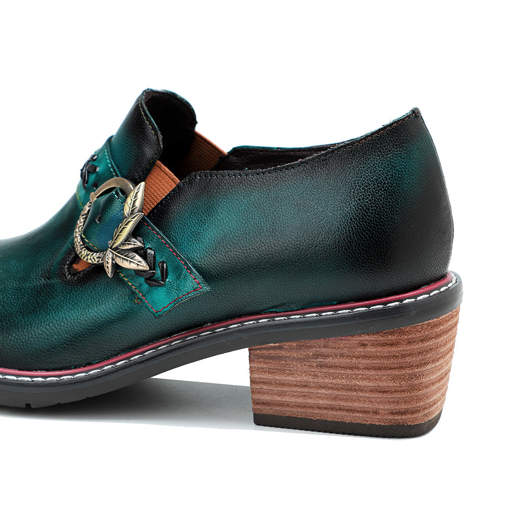 Women's Leather Vintage Metal Buckle Square Heel Loafers