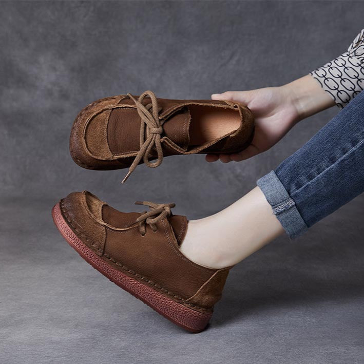 Women's Handcrafted Patchwork Leather Flat Lace-up Casual Comfort Shoes