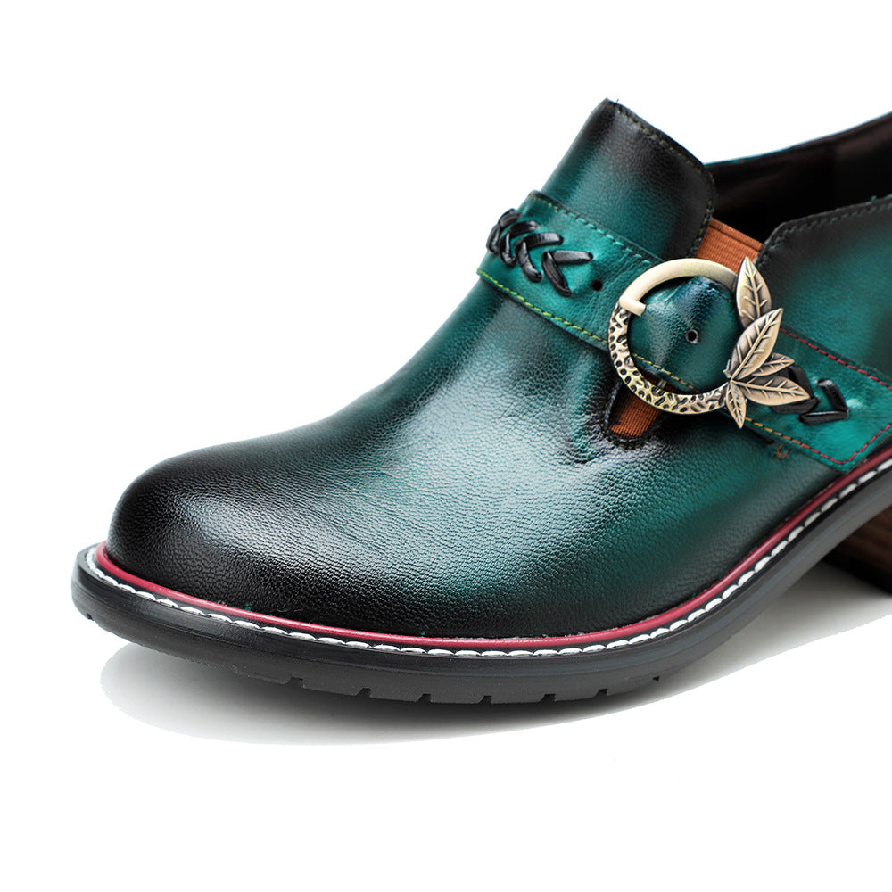 Women's Leather Vintage Metal Buckle Square Heel Loafers