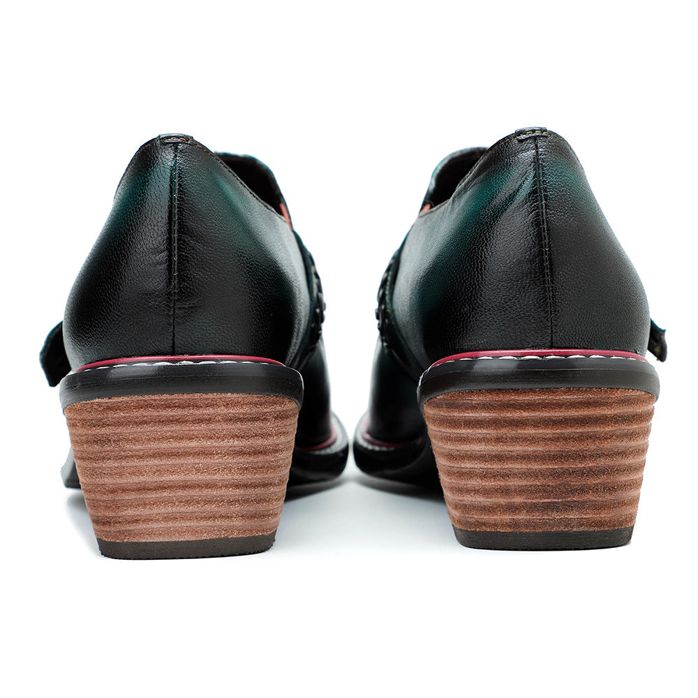 Women's Leather Vintage Metal Buckle Square Heel Loafers