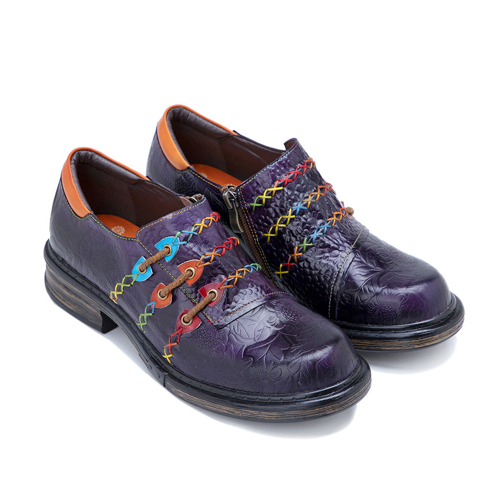 Women's Sheepskin Leather Printed Retro Oxfords Shoes