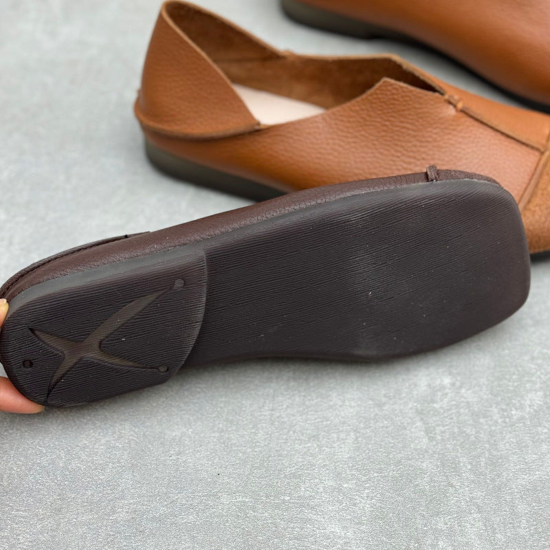 Women's Handmade Cowhide Flat Retro Square Toe Literary Casual Shoes