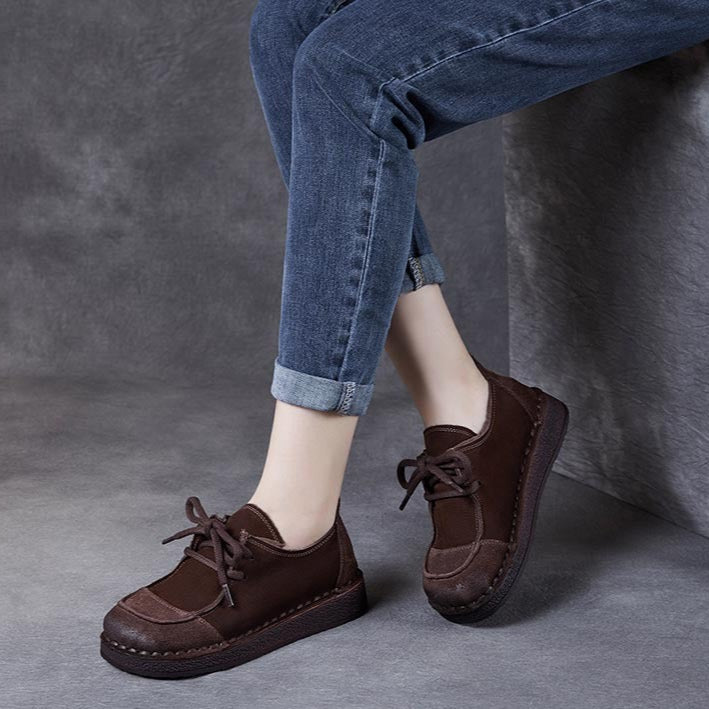 Women's Handcrafted Patchwork Leather Flat Lace-up Casual Comfort Shoes