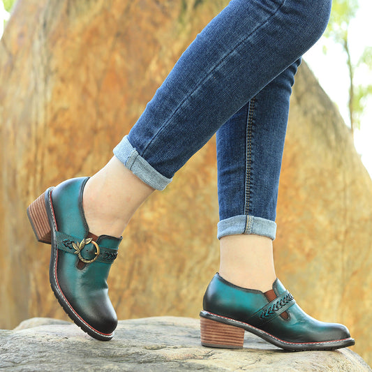 Women's Leather Vintage Metal Buckle Square Heel Loafers