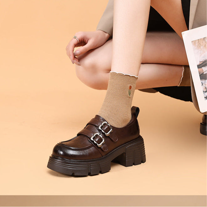 Womens Double-Strap Platform Chunky Heel Loafers