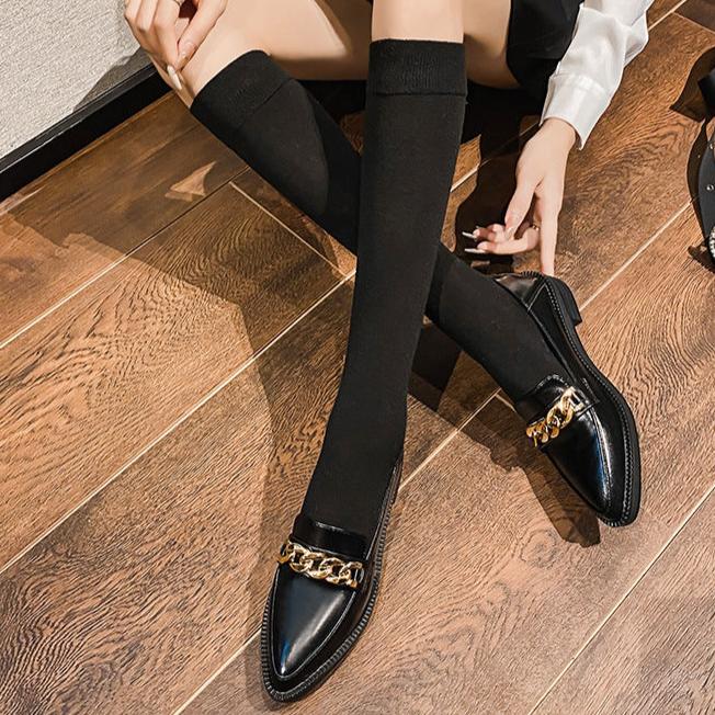 Women's Metal Chain Retro Pointed Shoes Thick Bottom Loafers