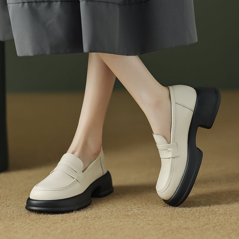 Womens Platform Leather Round Toe Block Heels Loafers Shoes