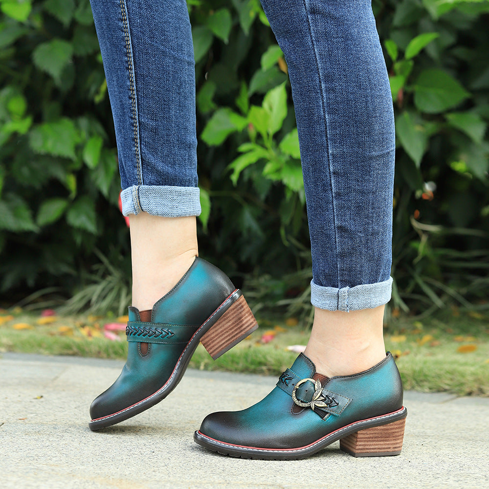Women's Leather Vintage Metal Buckle Square Heel Loafers