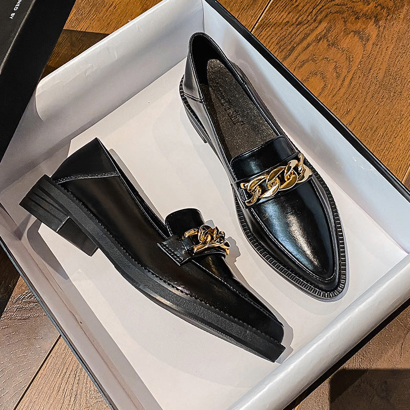 Women's Metal Chain Retro Pointed Shoes Thick Bottom Loafers