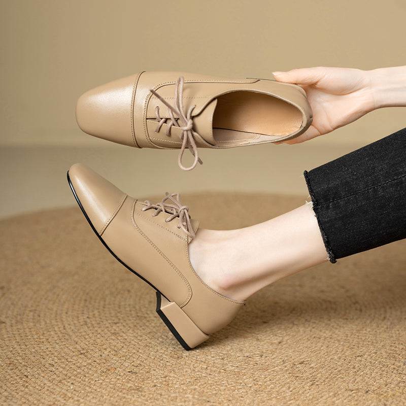 Women's Oxford Shoes Low Heel Lace-Up Leather Shoes