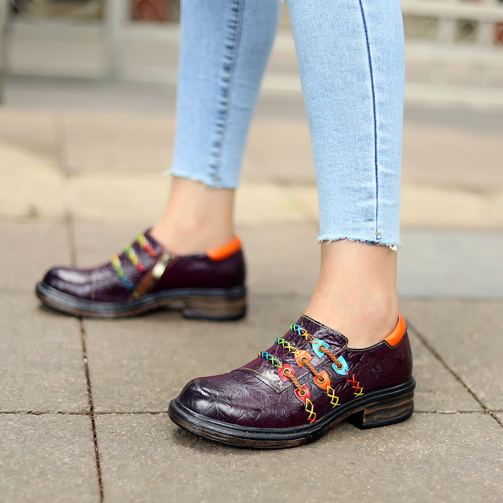 Women's Sheepskin Leather Printed Retro Oxfords Shoes