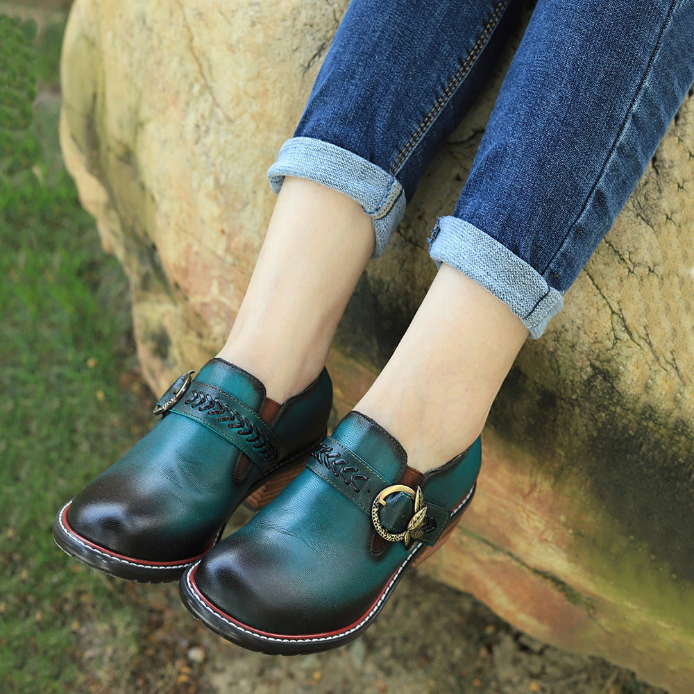 Women's Leather Vintage Metal Buckle Square Heel Loafers