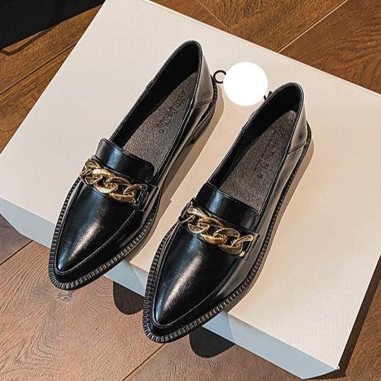 Women's Metal Chain Retro Pointed Shoes Thick Bottom Loafers