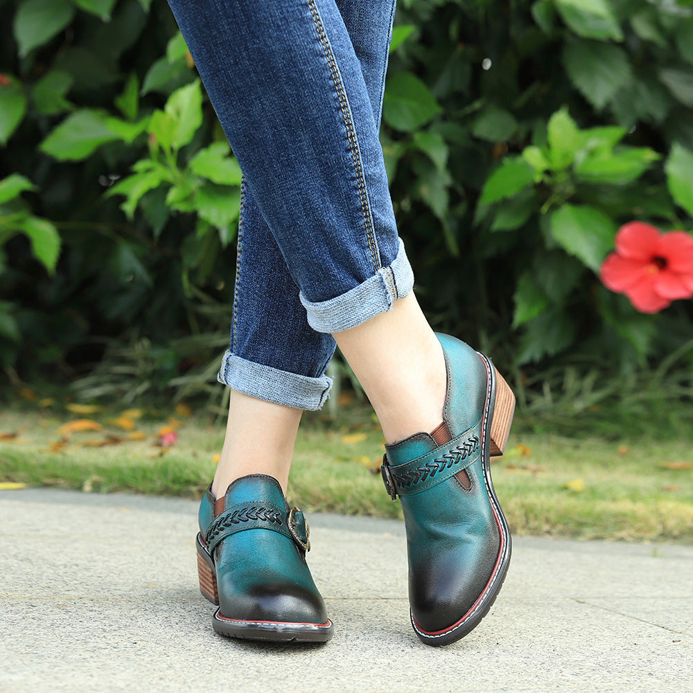 Women's Leather Vintage Metal Buckle Square Heel Loafers