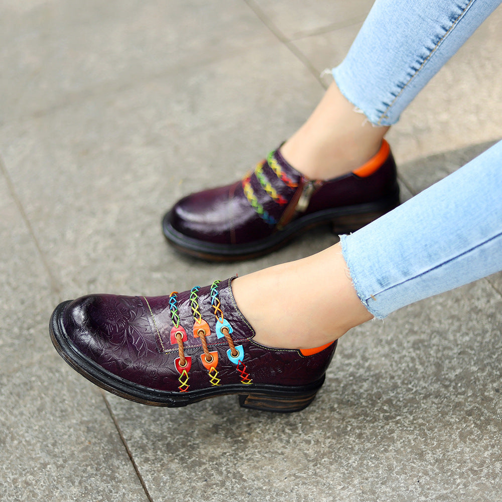 Women's Sheepskin Leather Printed Retro Oxfords Shoes