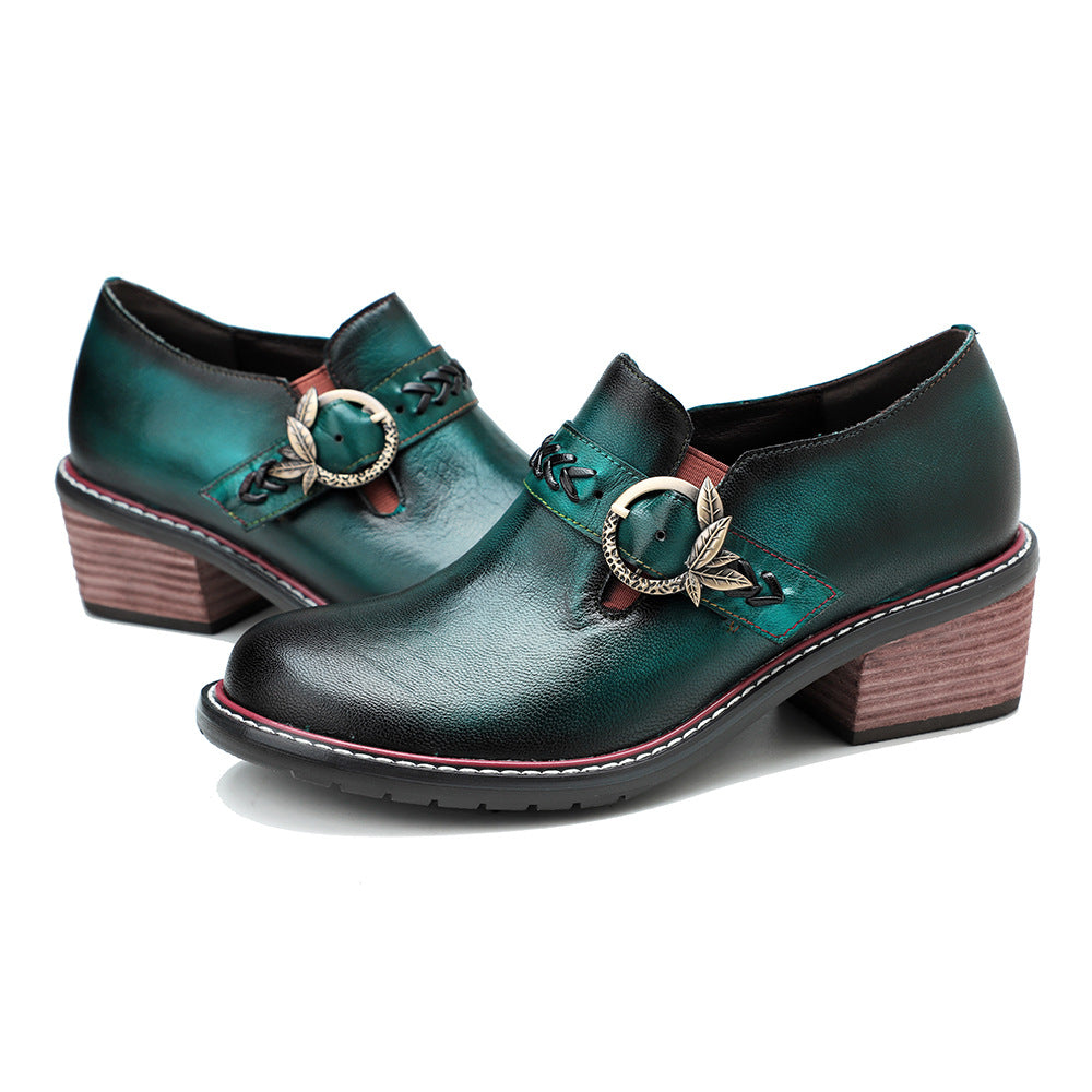 Women's Leather Vintage Metal Buckle Square Heel Loafers