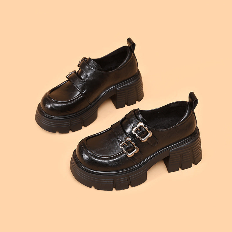 Womens Double-Strap Platform Chunky Heel Loafers