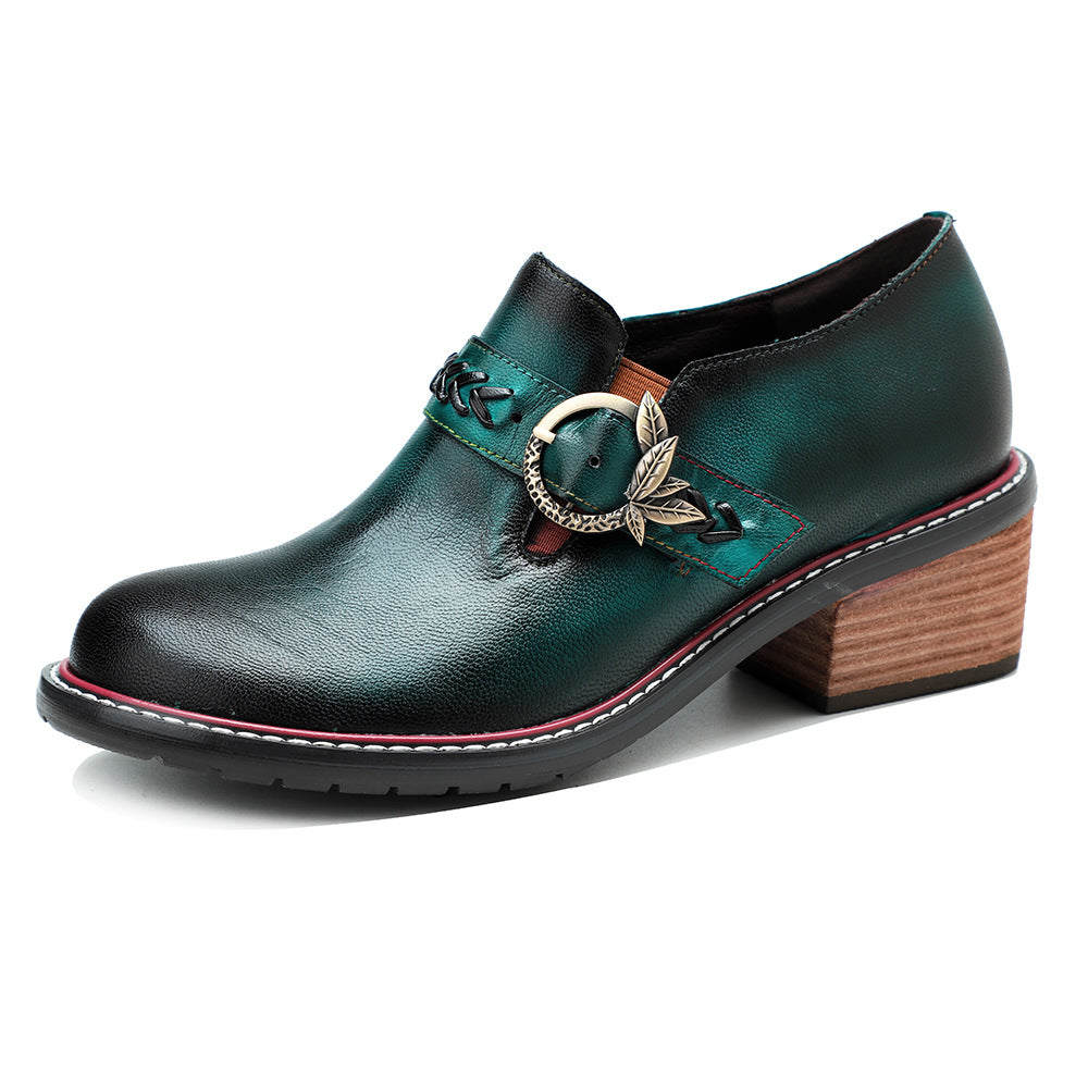 Women's Leather Vintage Metal Buckle Square Heel Loafers