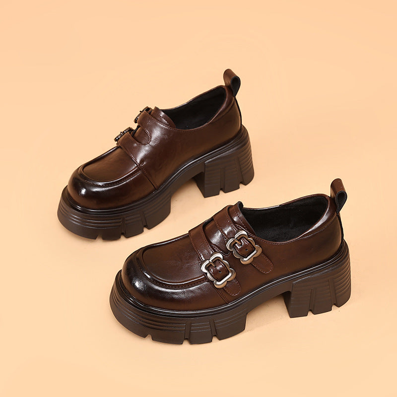 Womens Double-Strap Platform Chunky Heel Loafers