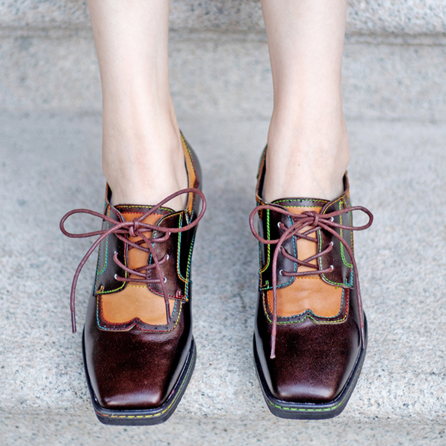 Womens Leather Embossed Low Heel Oxford Shoes