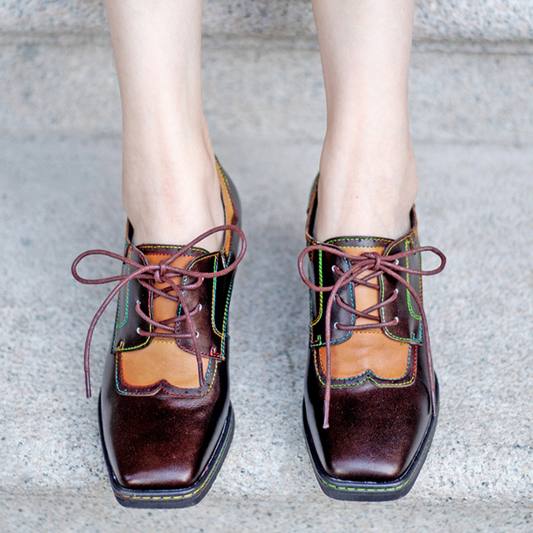 Womens Leather Embossed Low Heel Oxford Shoes