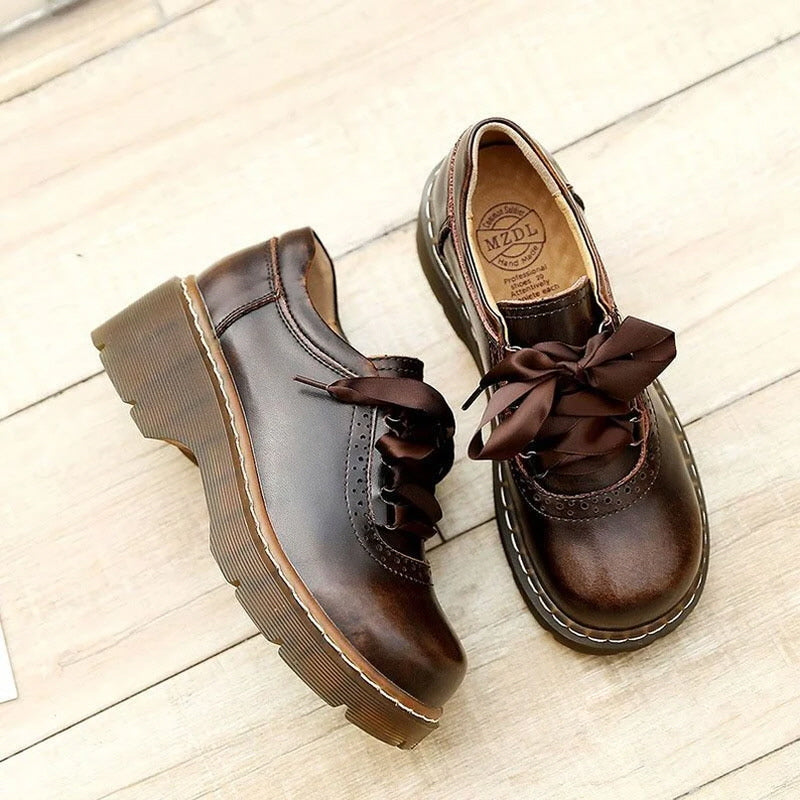 Womens Round Toe Retro Ribbon Lace Up Oxford Shoes