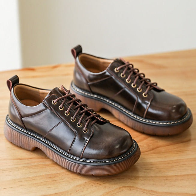 Women Preppy Style Retro Lace-up Platform Leather Shoes